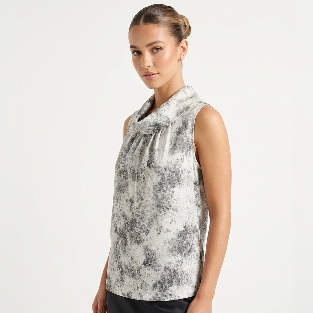 Ann Taylor 100% Silk Sleeveless Elegant Top Grey White Marble Sz Medium Petite